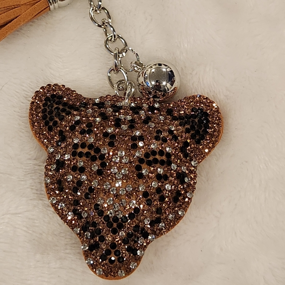 Leopard Brown Rhinestone Keychain Bag Charm - Picture 2 of 3